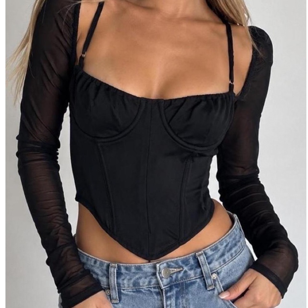 White Fox Boutique Black Mesh Long Sleeve Bustier Corset boned Crop Top Small